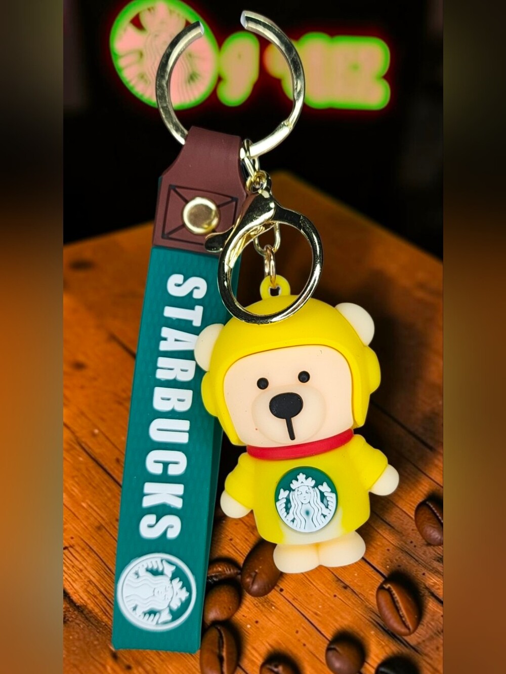 Starbucks Yellow Bear Keychain With Green Strap NWT